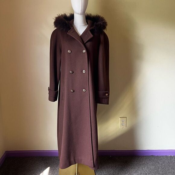 Vintage Full Length Wool Coat size 12 Real Fox Fur Hood 100% Wool Made in USA - Picture 1 of 13